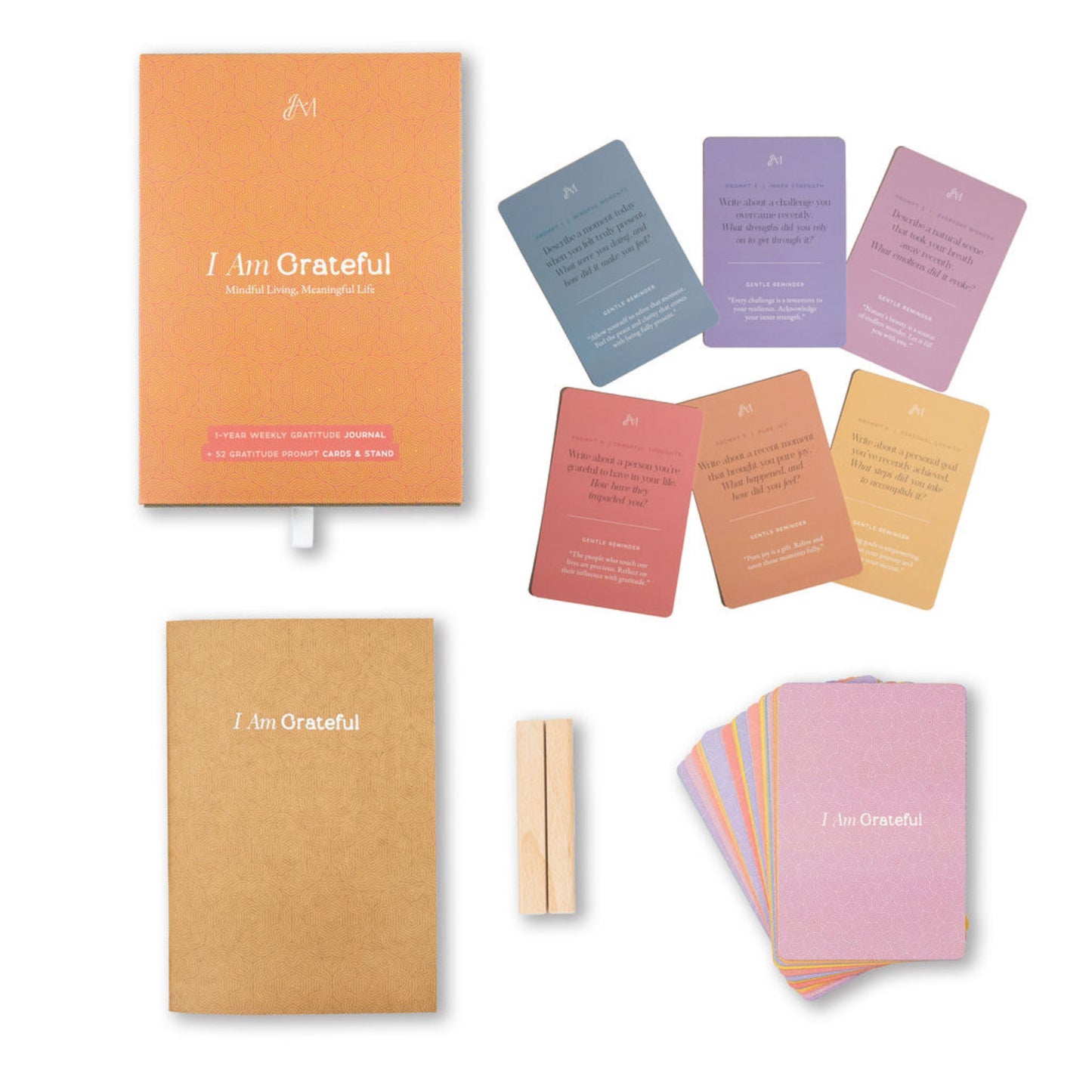 Complete I Am Grateful set — gratitude journal, 52 prompt cards, wooden stand, and gift box.