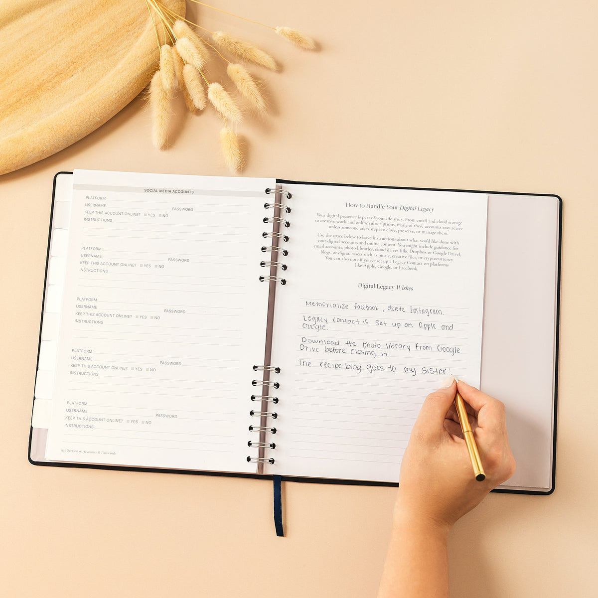A hand writing in The Gracious Goodbye Essentials, open on a warm sunlit surface.