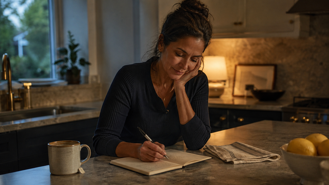 A woman writing three short lines in a journal beside a cooling cup of tea.