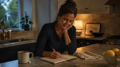 A woman writing three short lines in a journal beside a cooling cup of tea.