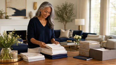 A woman sorting linens into calm, labeled piles on a quiet weekend morning, a notebook close at hand.
