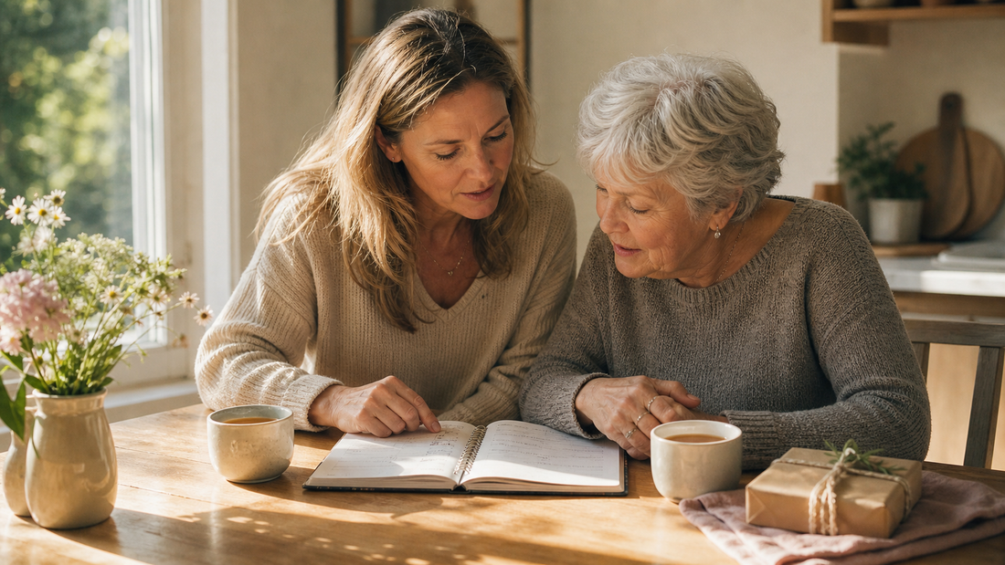 An adult daughter and her mother sitting at a sunlit kitchen table, looking at a planner together over tea.