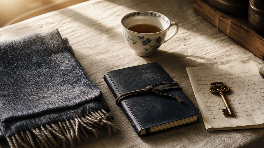 A few carefully chosen objects on a sunlit linen-covered table — a quiet still life of a life being gently sorted.