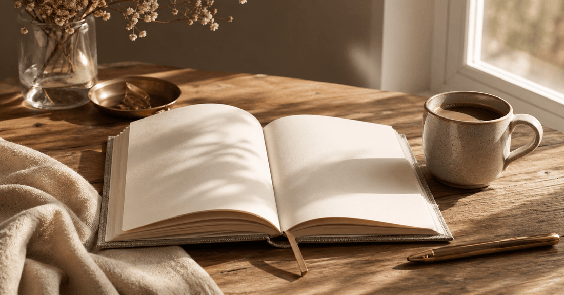 An open linen-bound planner on a sunlit wood table, blank pages waiting, a pen and a cup of coffee beside it.