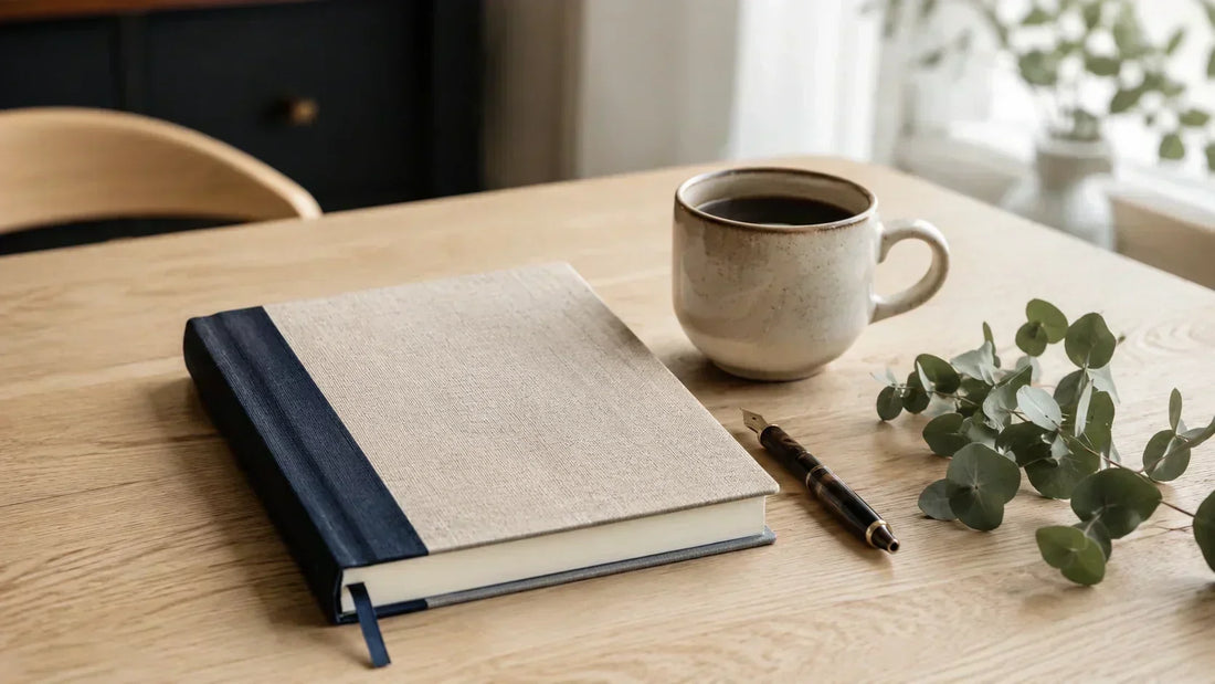 A linen-bound planner and a pen on a quiet kitchen table in soft morning light.