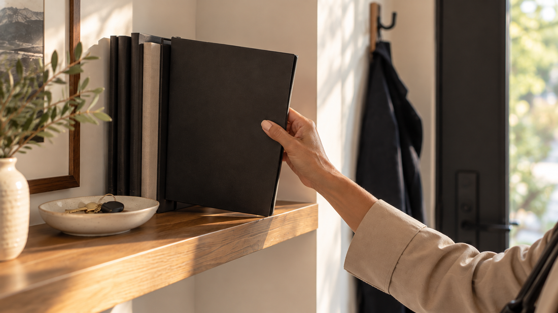 A hand lifting a plain folder from an entryway shelf, at eye level beside the front door.