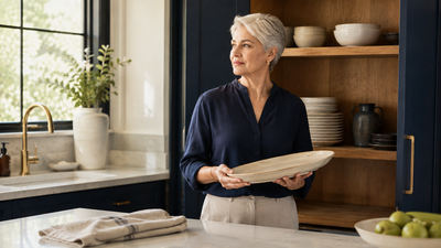 A woman pausing in her kitchen with a serving bowl in her hands, deciding whether to keep it.