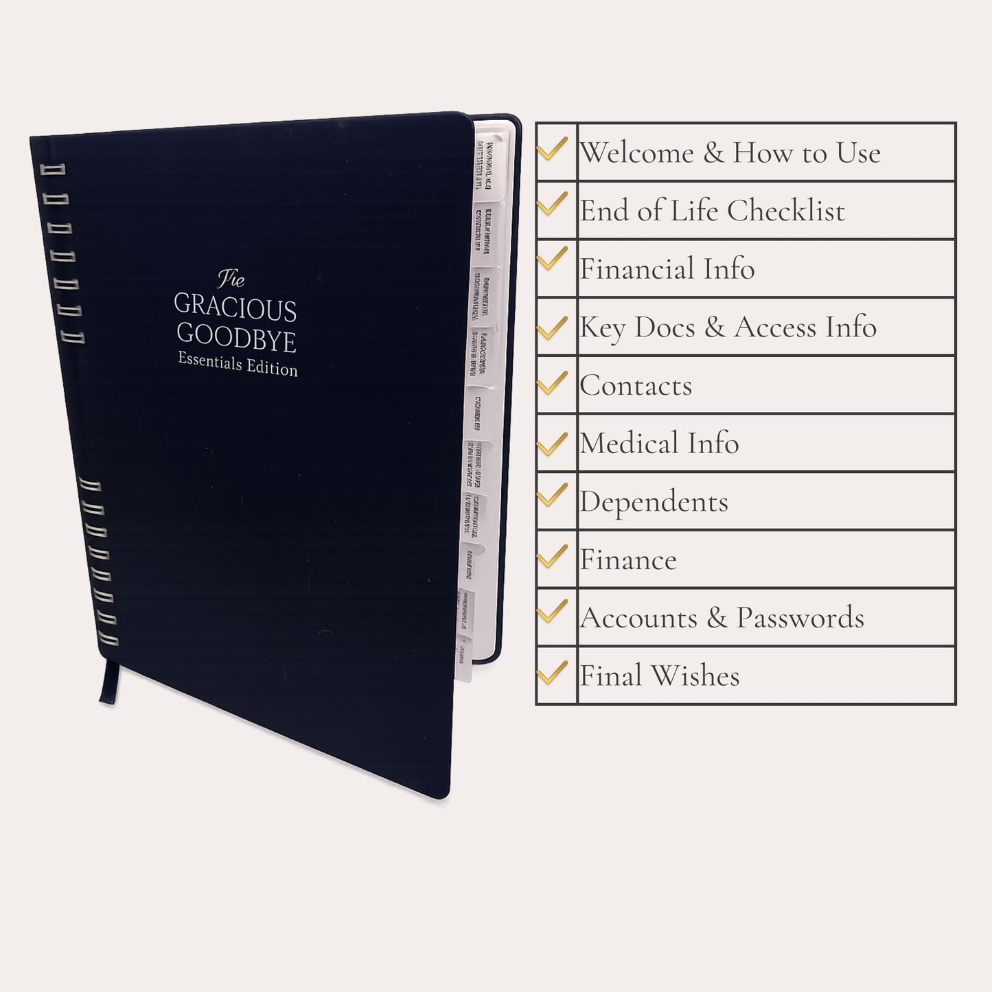 The Gracious Goodbye Essentials planner fanned to show its ten labeled section tabs