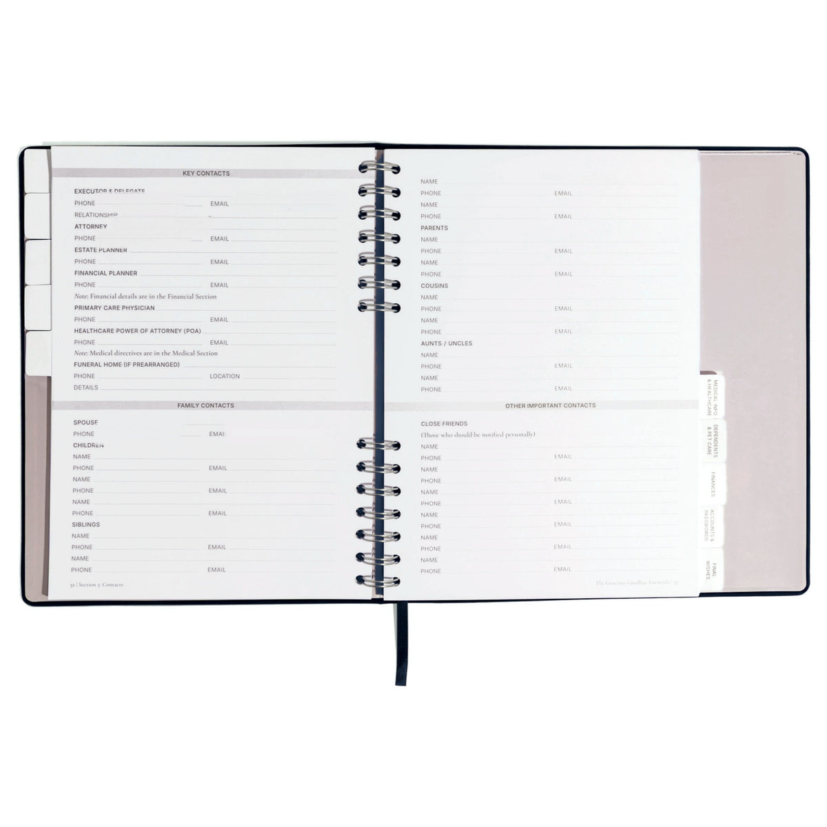 The contacts section of The Gracious Goodbye Essentials, with labeled fields for executor, attorney, physician, funeral home and family.