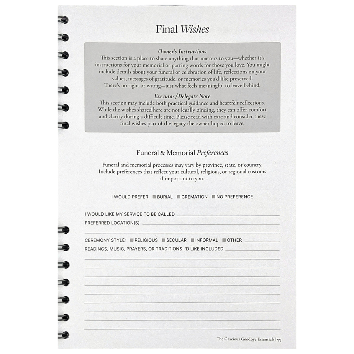The Final Wishes section of The Gracious Goodbye Essentials, with owner's instructions, a note for the executor and labeled fields to fill in.