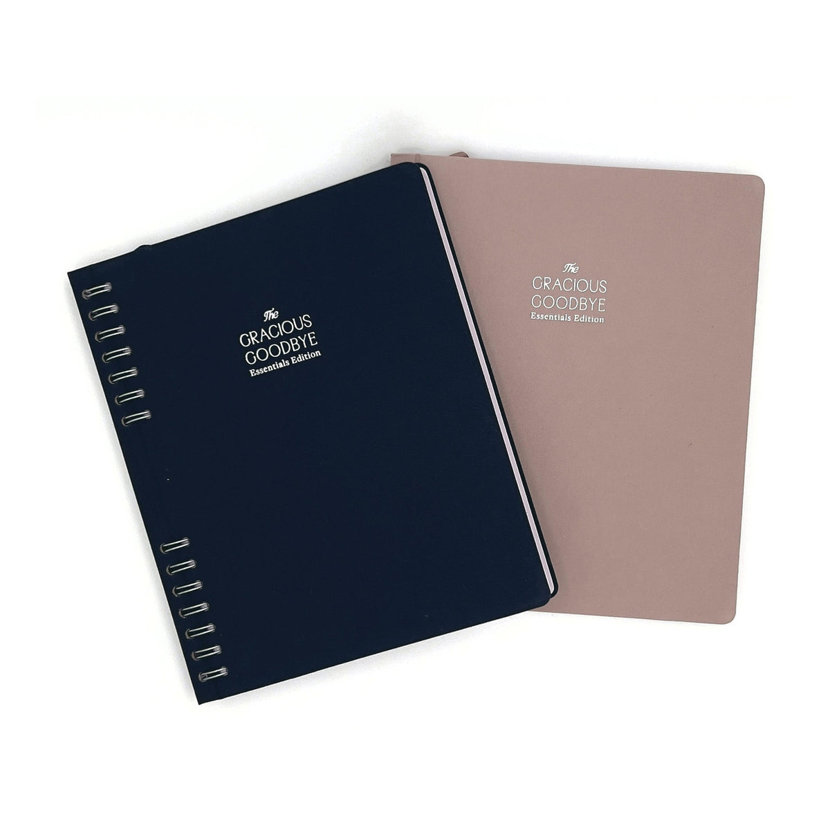 The Gracious Goodbye Essentials in both editions, navy and Stone, side by side.