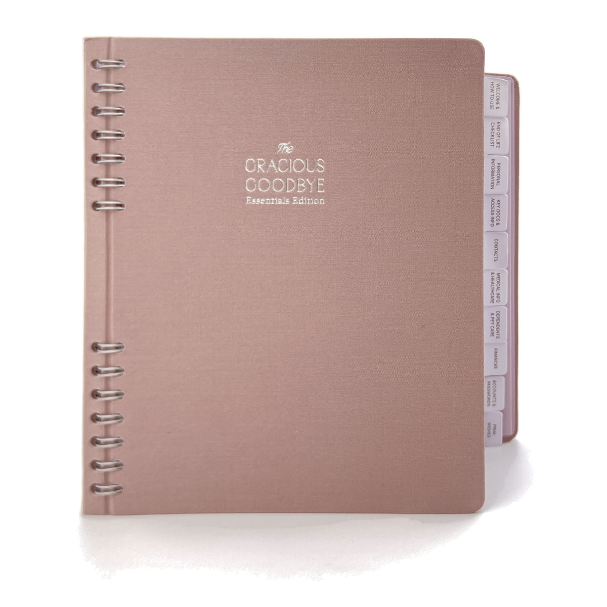 The Gracious Goodbye Essentials planner in Stone linen, closed, showing the silver-foil title and stepped section tabs.