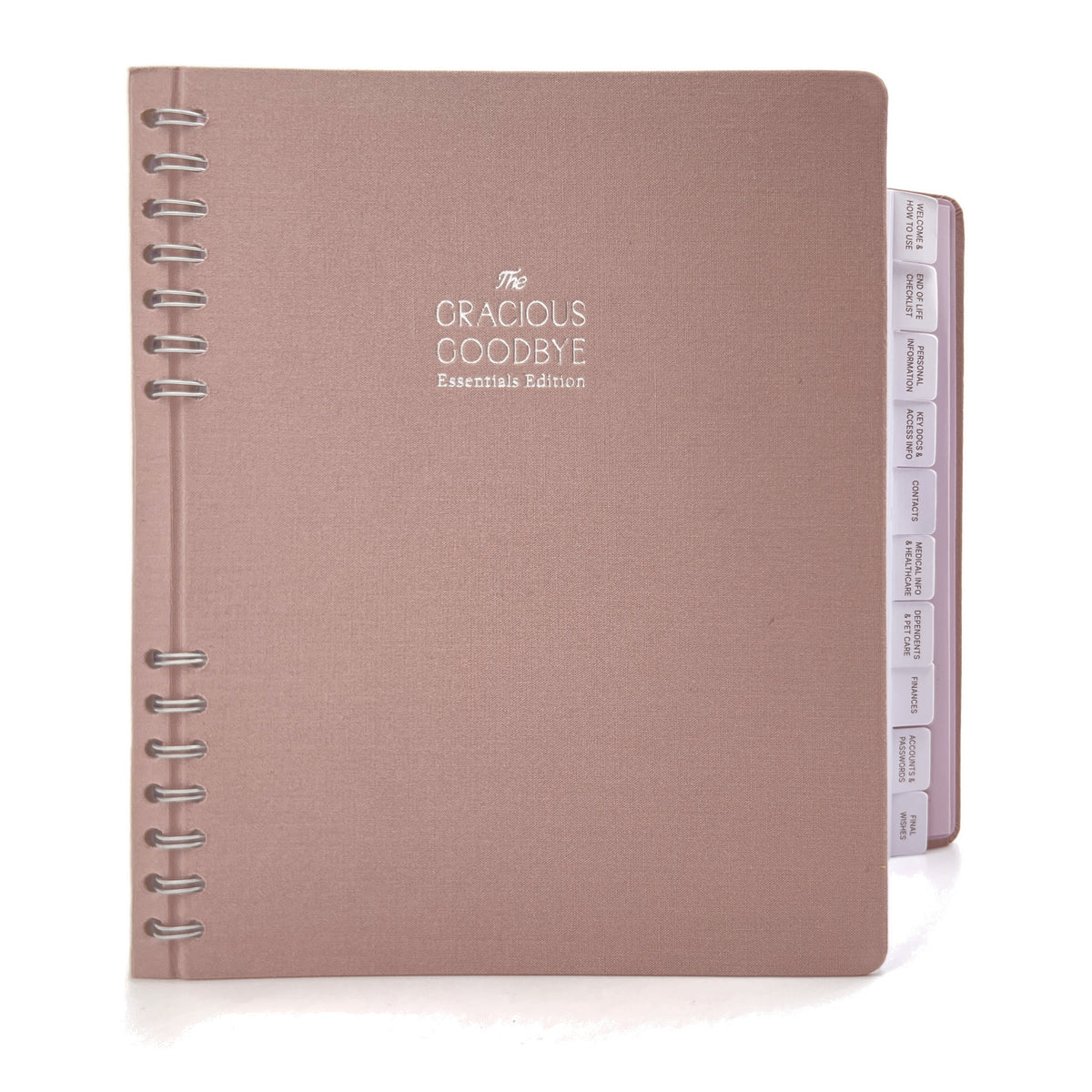 The Gracious Goodbye Essentials planner in Stone linen, closed, showing the silver-foil title and stepped section tabs.