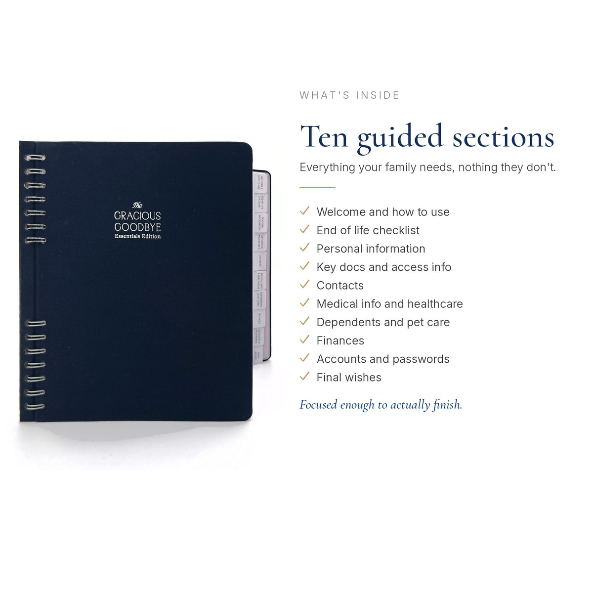 The Gracious Goodbye Essentials planner closed, its ten section tabs stepped along the edge, beside a list of all ten sections from Welcome and how to use through to Final wishes.