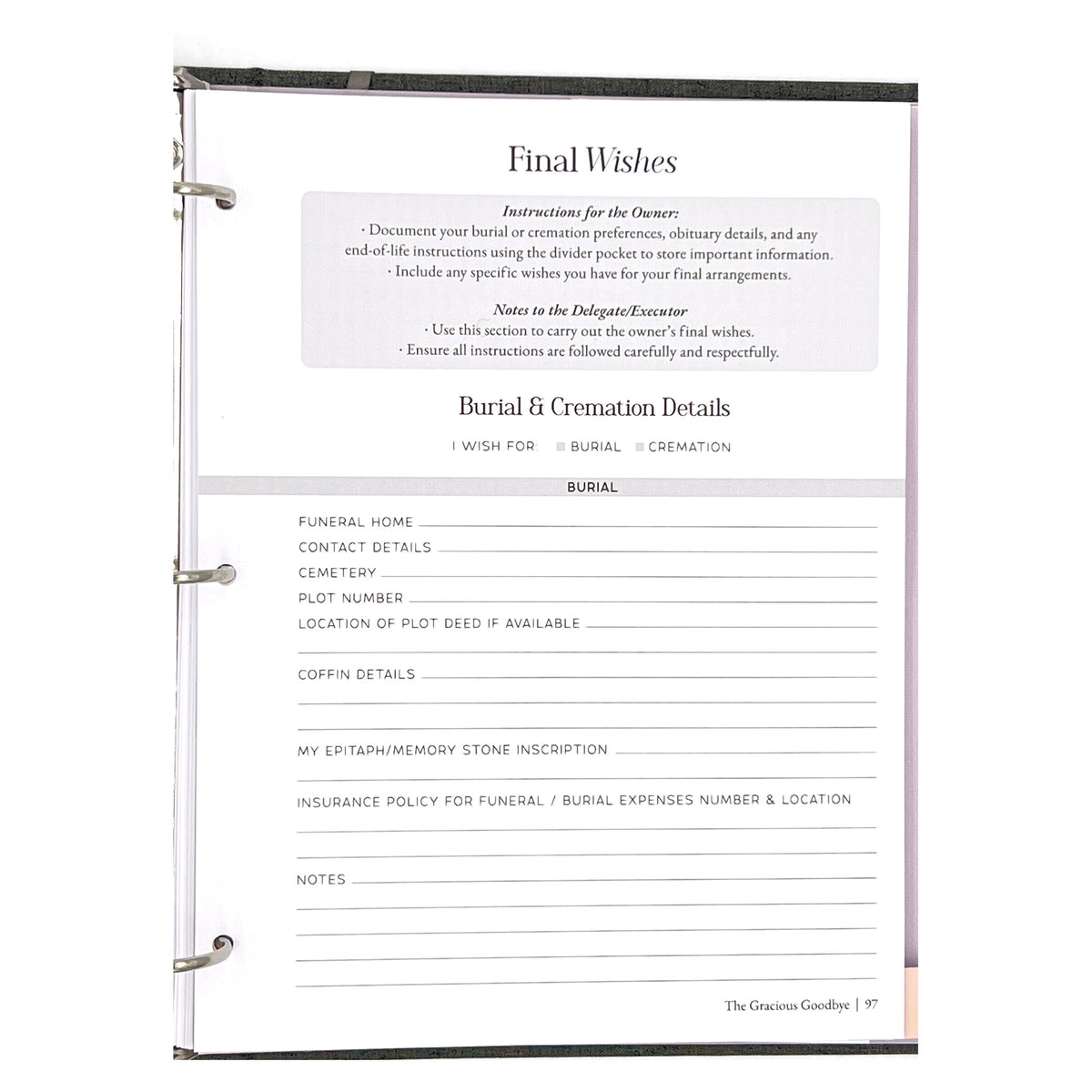 The Final Wishes page of The Gracious Goodbye planner, with instructions for the owner, notes for the delegate or executor, and labeled fields for burial and cremation details.