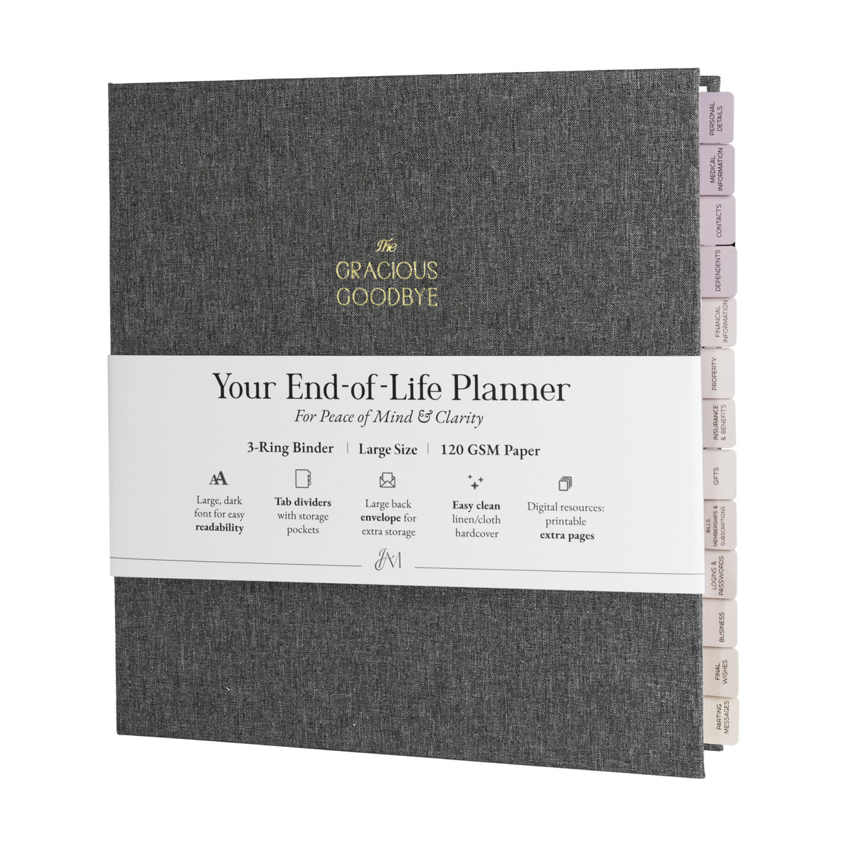 The Gracious Goodbye planner in gray linen with its belly band, listing the planner's features.