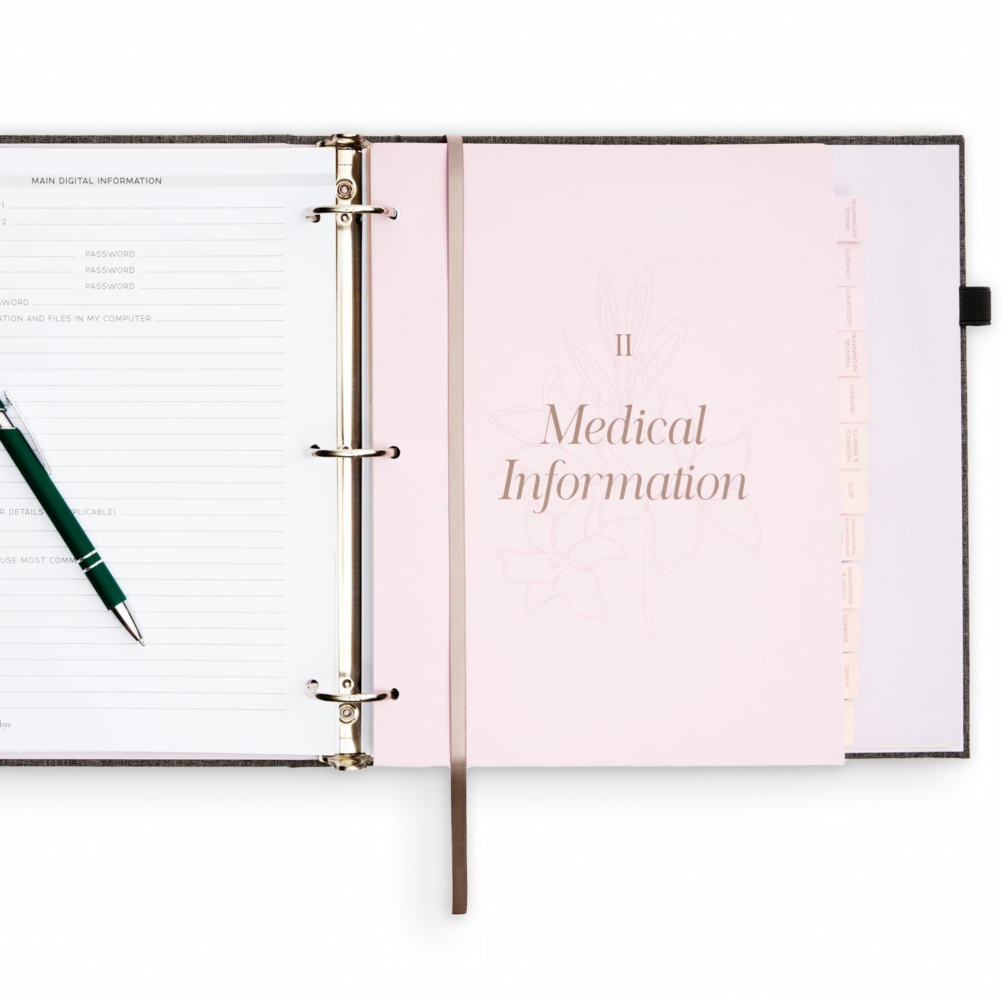  The Gracious Goodbye planner open to the Medical Information section with a pen resting on the page.