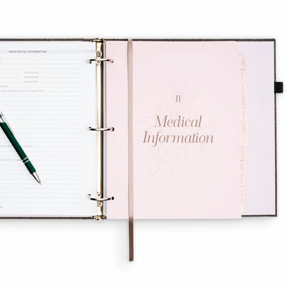  The Gracious Goodbye planner open to the Medical Information section with a pen resting on the page.