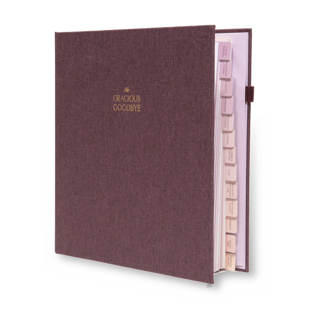 The Gracious Goodbye end-of-life planner in merlot linen, standing closed, with its gold-foil title and labeled section tabs.