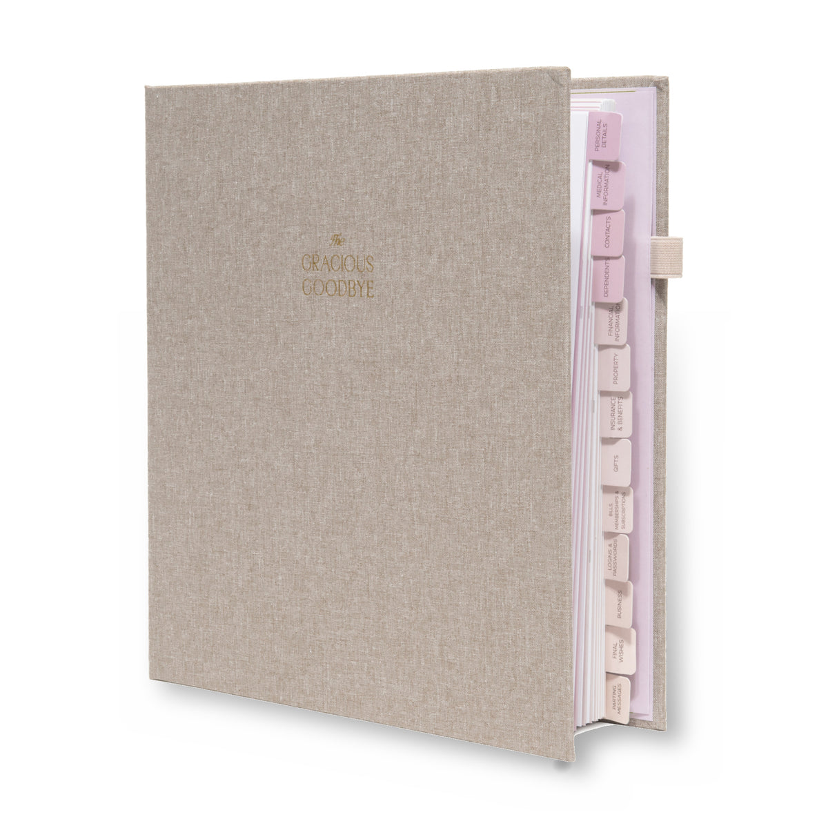 The Gracious Goodbye end-of-life planner in sanddune linen, standing closed, with its gold-foil title and labeled