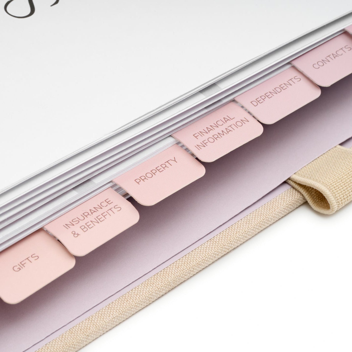 Open Gracious Goodbye planner showing labeled section divider tabs for guided end-of-life organizing.