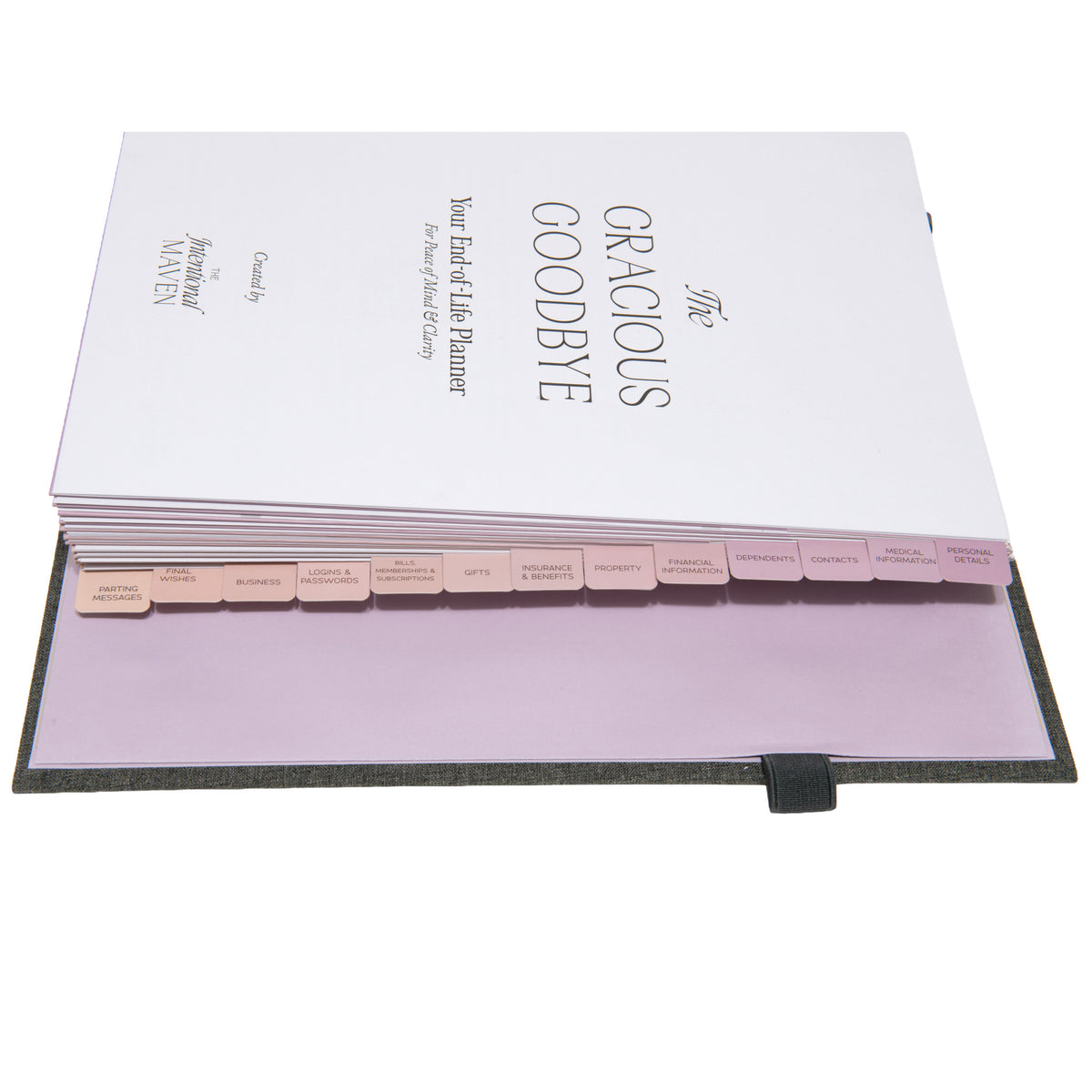 The title page of The Gracious Goodbye planner with every labeled section tab fanned along the edge.